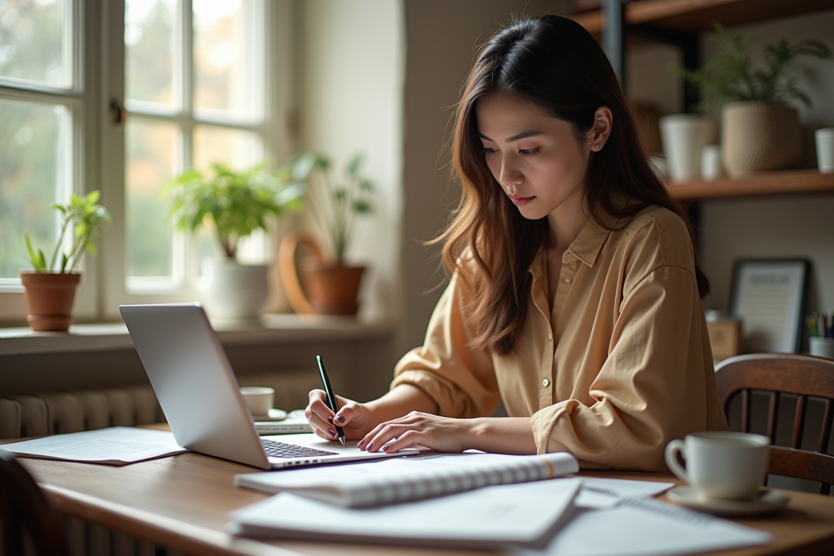 Femme créative travaillant à son bureau avec notebooks et ordinateur