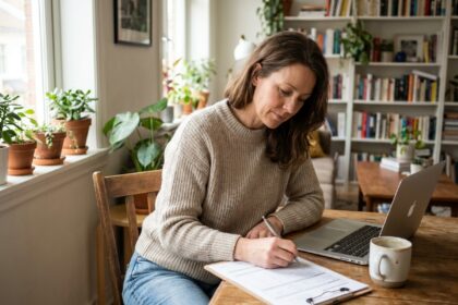 Femme d'une quarantaine travaillant à la maison