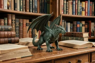 Figurine de dragon posée sur un bureau entouré de livres Harry Potter ouverts dans une bibliothèque chaleureuse