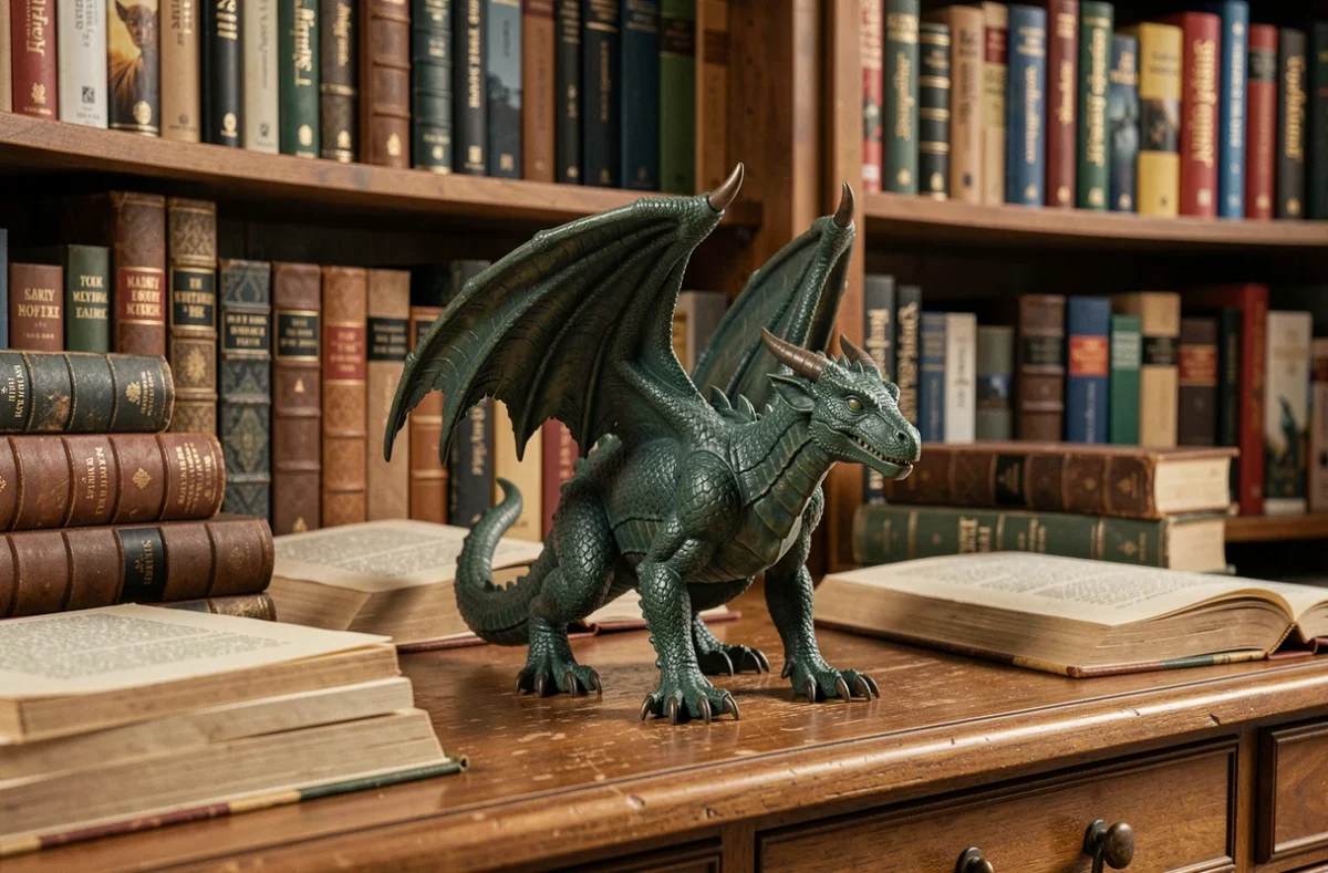 Figurine de dragon posée sur un bureau entouré de livres Harry Potter ouverts dans une bibliothèque chaleureuse