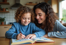 Fille de 10 ans avec sa mère lisant un livre coloré dans la cuisine