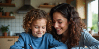 Fille de 10 ans avec sa mère lisant un livre coloré dans la cuisine