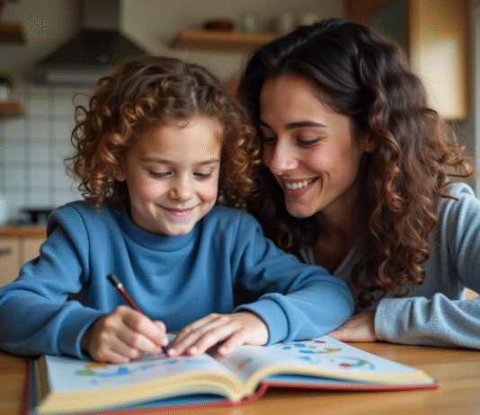 Fille de 10 ans avec sa mère lisant un livre coloré dans la cuisine