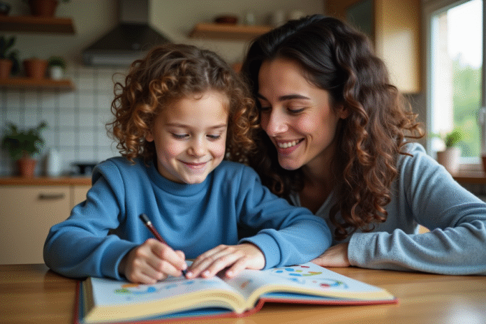 Fille de 10 ans avec sa mère lisant un livre coloré dans la cuisine