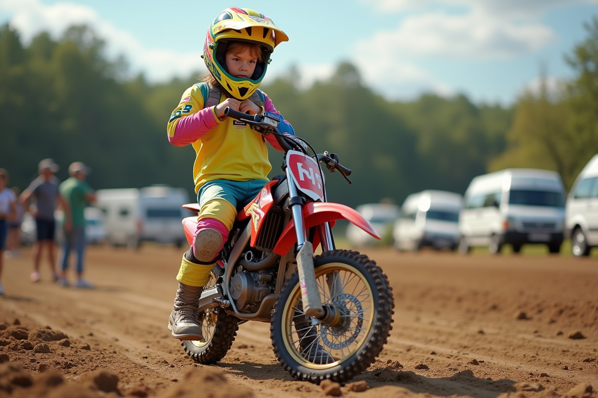 Jeune fille de 12 ans en motocross ajustant son casque dans le paddock