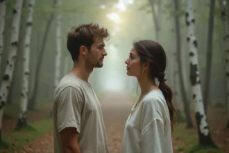 Deux flammes jumelles se regardant face à face sur un chemin forestier brumeux, symbolisant la connexion spirituelle 1h11