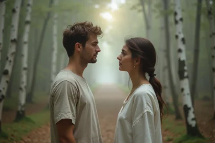 Deux flammes jumelles se regardant face à face sur un chemin forestier brumeux, symbolisant la connexion spirituelle 1h11