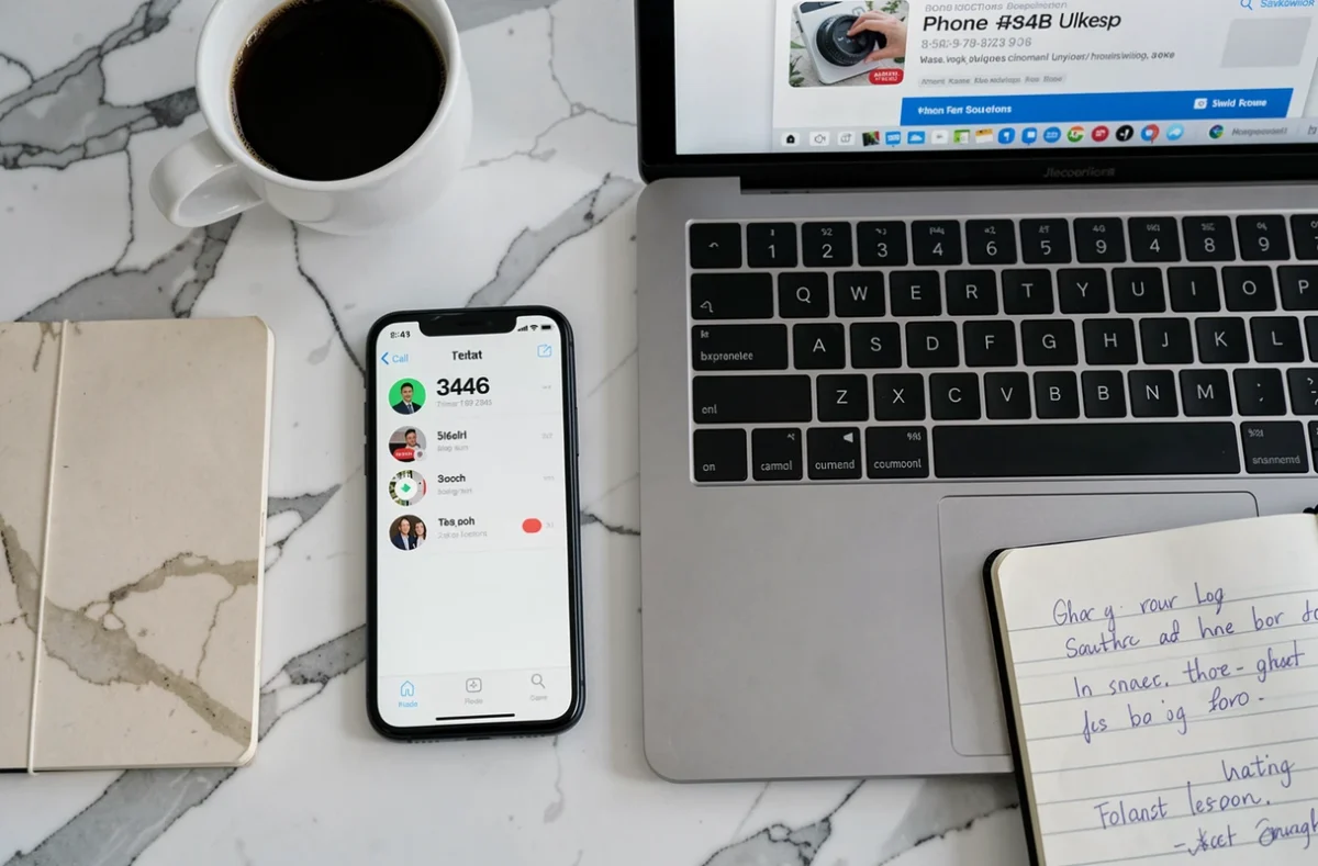 Vue aérienne d'un smartphone affichant un numéro 346 inconnu posé sur un bureau en marbre avec un ordinateur portable ouvert sur un site de vérification de numéro