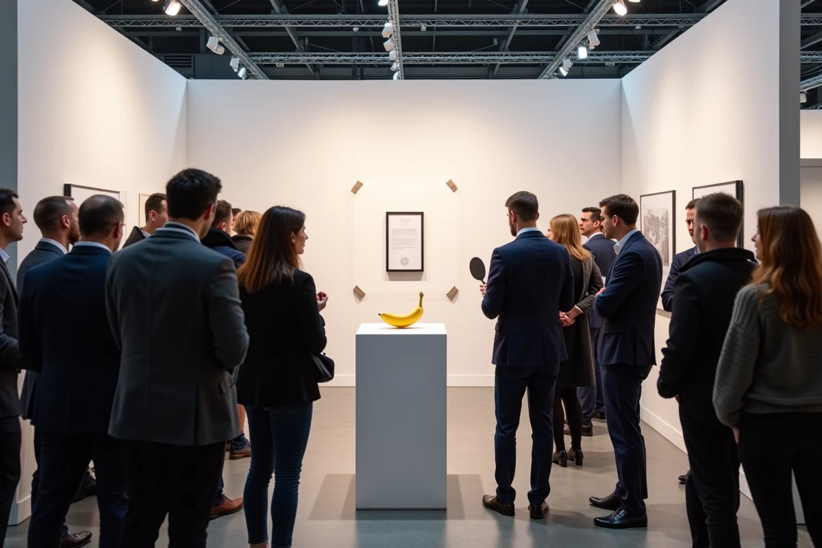 Visiteurs d'une foire d'art contemporain réunis autour d'une banane scotchée mise en vente aux enchères