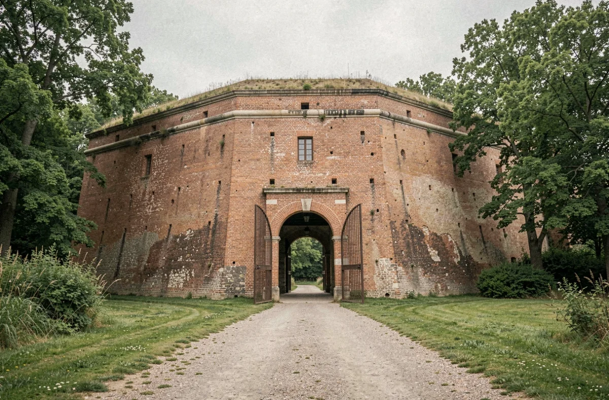 Vue extérieure du Fort de Mons avec ses épais remparts en briques rouges et ses douves entourées de verdure