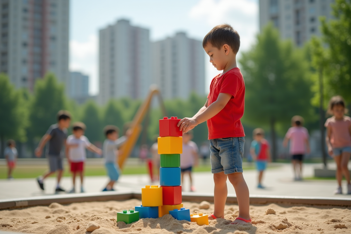 Garçon de 8 ans construisant une tour de blocs dans un parc