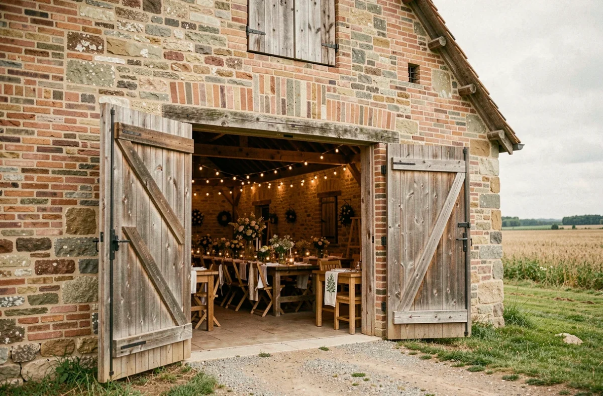 Grange rénovée des Granges de Zuthove à Renescure ouverte pour une réception champêtre avec décoration florale et tables en bois