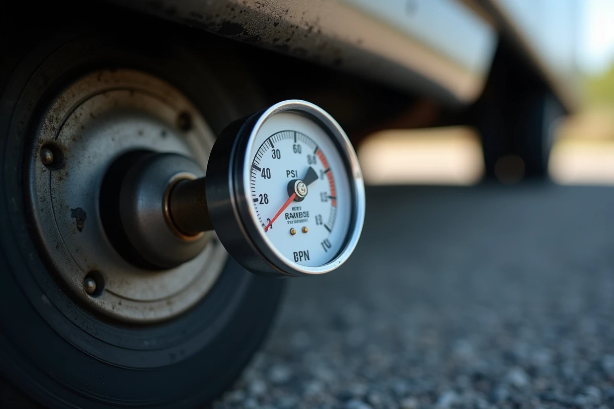 Gros plan d'un manomètre de pression en bar et PSI fixé sur la valve d'un pneu de camping-car