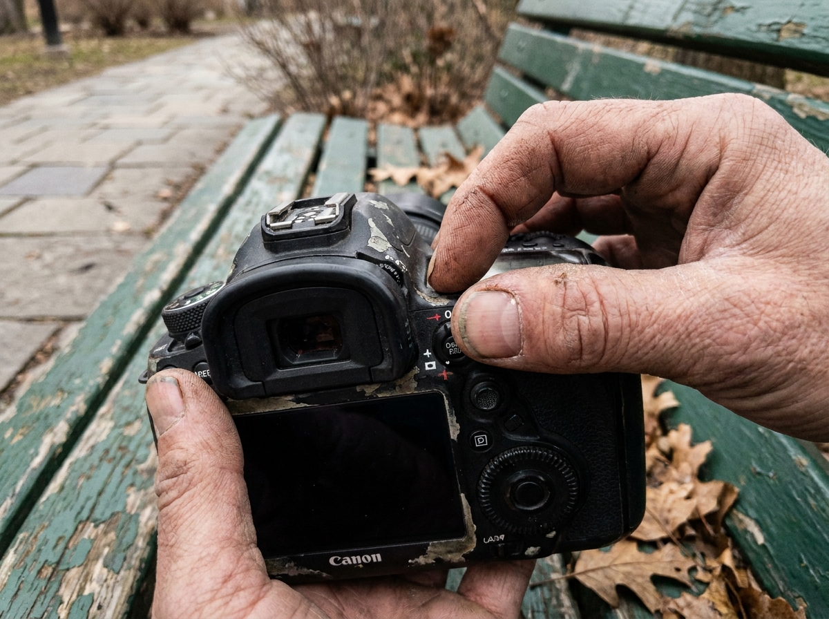 Gros plan de mains réglant la correction dioptrique d'un appareil photo reflex en automne sur un banc de parc