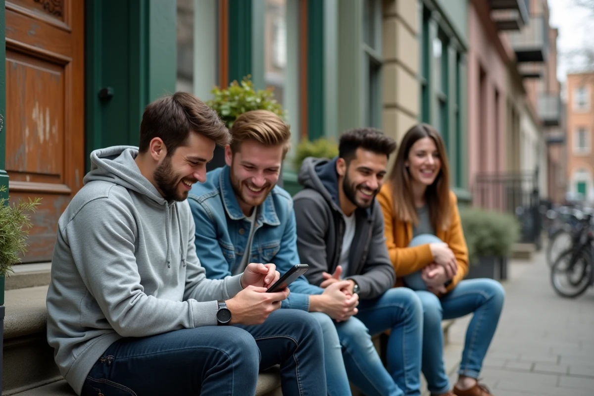 Groupe d'amis hilares sur des marches urbaines partageant des citations drôles sur l'amitié depuis un téléphone