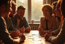 Groupe d'amis jouant aux cartes autour d'une table chaleureuse