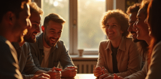 Groupe d'amis jouant aux cartes autour d'une table chaleureuse