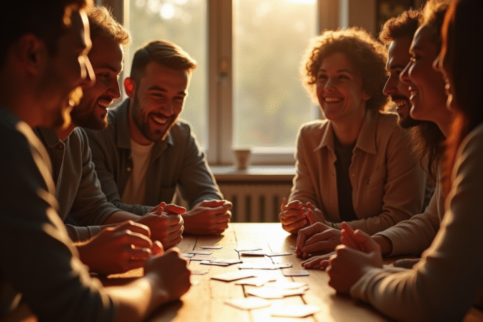 Groupe d'amis jouant aux cartes autour d'une table chaleureuse