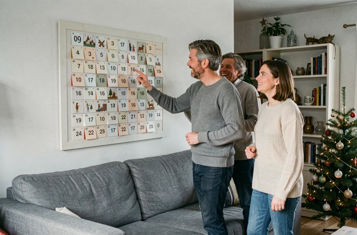 Groupe d'adultes français découvrant ensemble le calendrier de l'Avent Française des Jeux accroché dans un salon décoré pour Noël