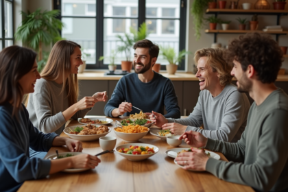Groupe de jeunes et adultes partageant un repas convivial