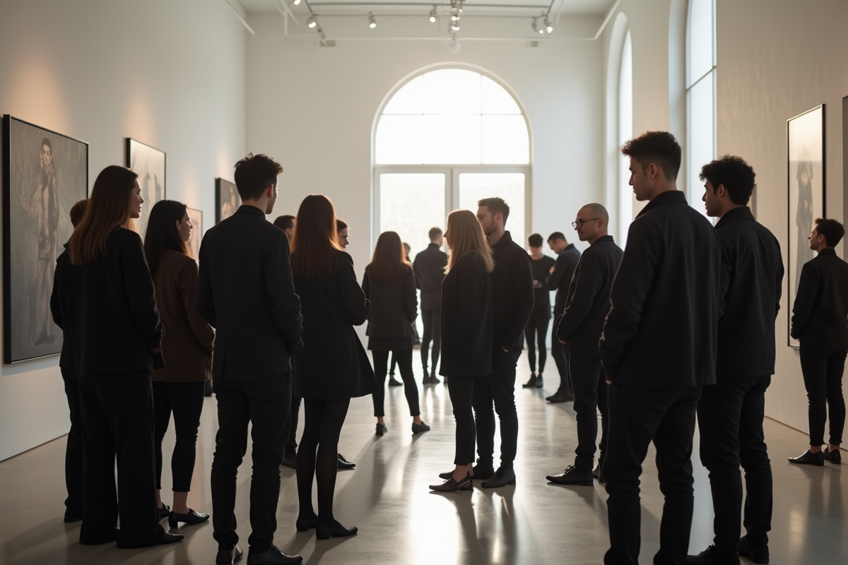 Groupe divers en tenues noires dans une galerie lumineuse