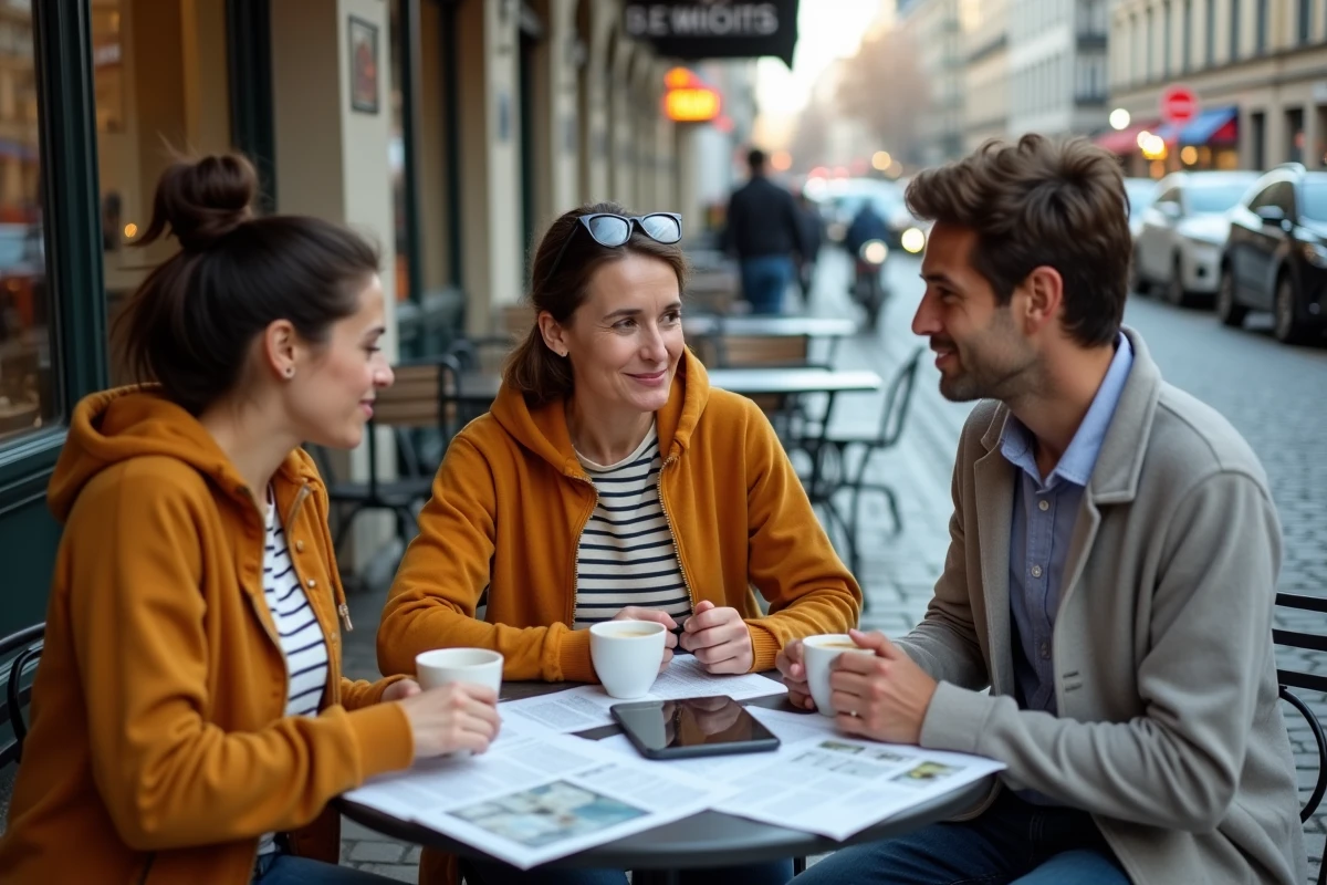 Groupe de personnes discutant d'un concept viral autour d'une table de café en terrasse