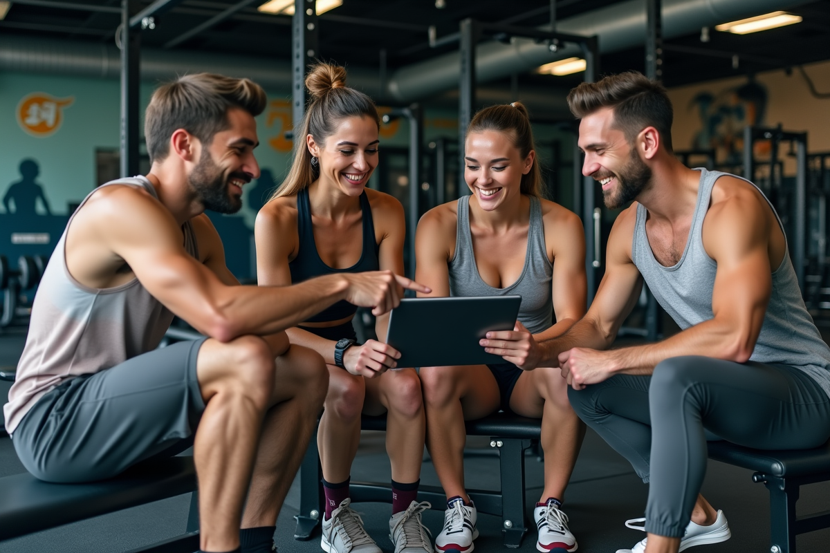 Groupe de personnes discutant dans une salle de sport moderne