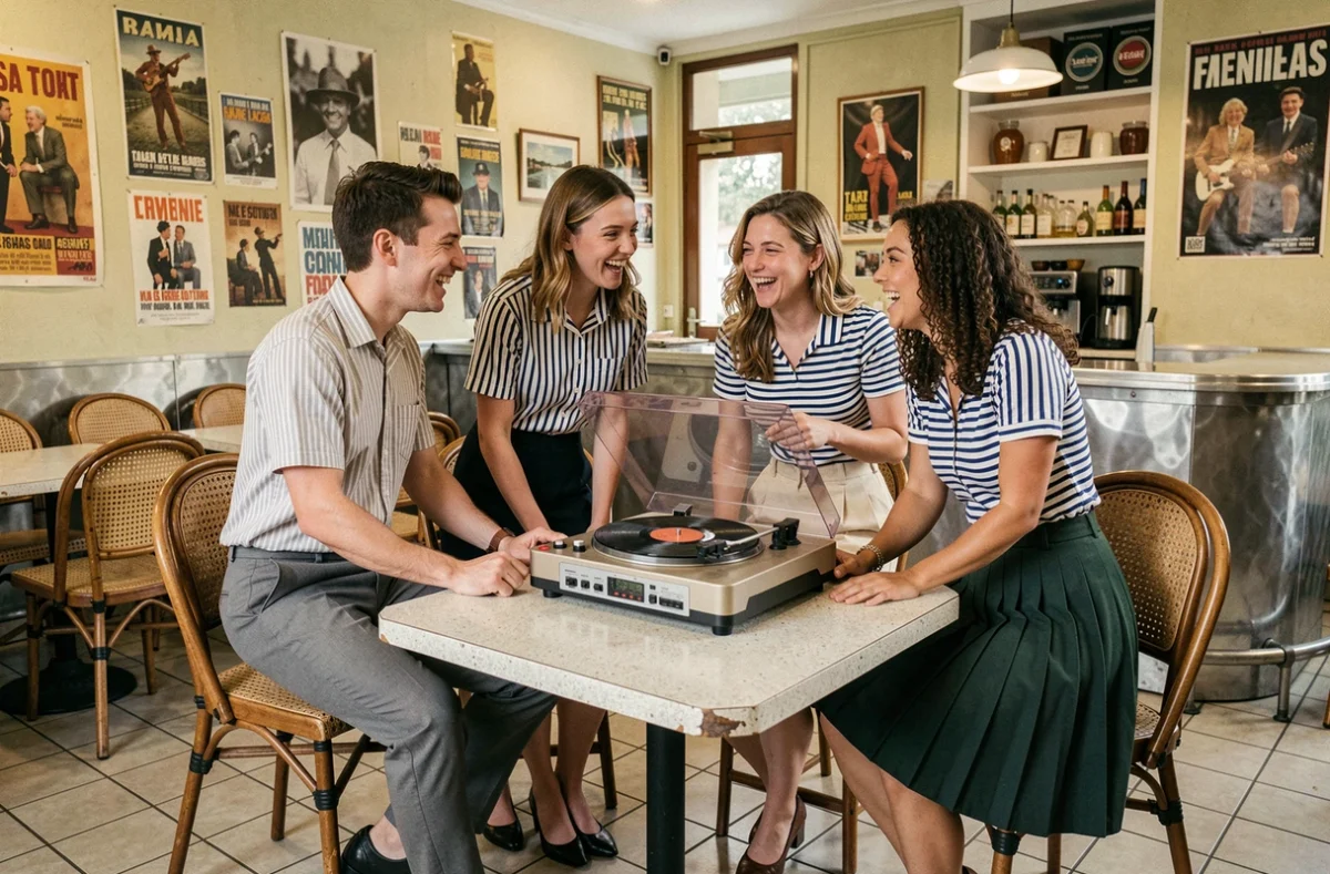 Groupe de jeunes Français des années 60 autour d'un tourne-disque dans un café parisien ambiance yéyé