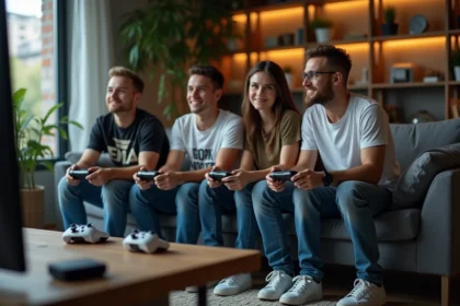 Jeunes adultes jouant à la Xbox dans un salon convivial