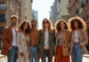 Groupe de personnes stylées dans la rue ensoleillée