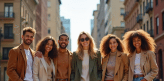 Groupe de personnes stylées dans la rue ensoleillée