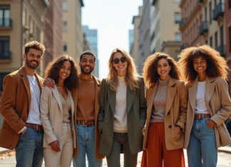 Groupe de personnes stylées dans la rue ensoleillée