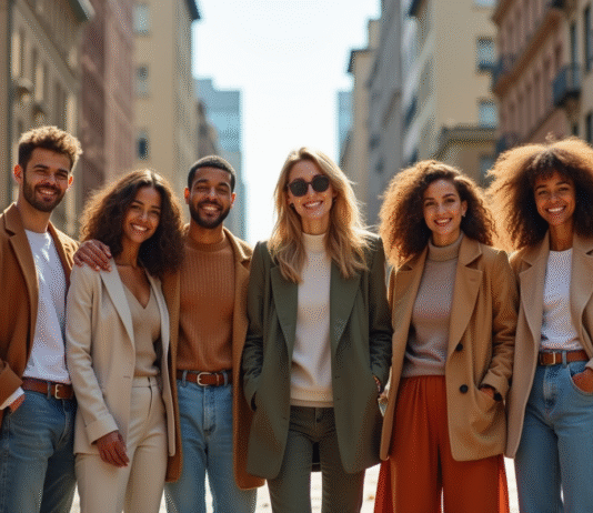 Groupe de personnes stylées dans la rue ensoleillée