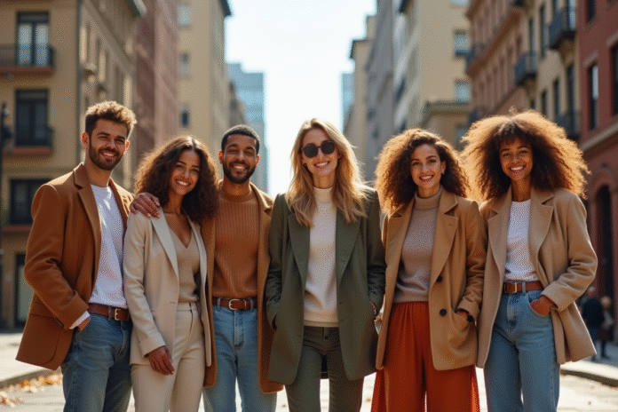 Groupe de personnes stylées dans la rue ensoleillée