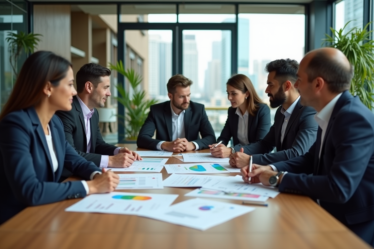 Groupe de professionnels analysant des rapports ESG en réunion