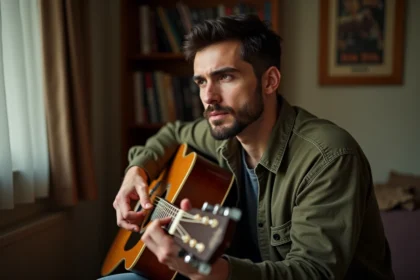 Guitariste acoustique jouant L'Encre de tes Yeux de Cabrel dans un salon chaleureux, gros plan sur les mains et l'expression concentrée