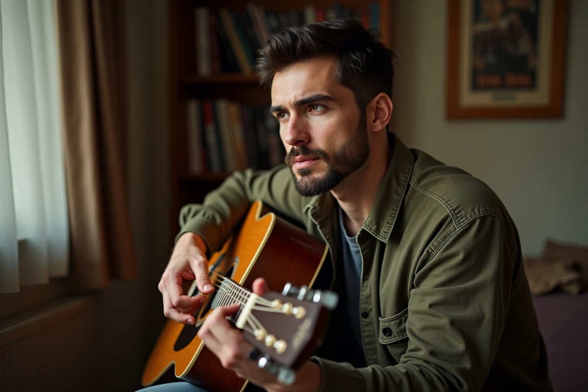 Guitariste acoustique jouant L'Encre de tes Yeux de Cabrel dans un salon chaleureux, gros plan sur les mains et l'expression concentrée