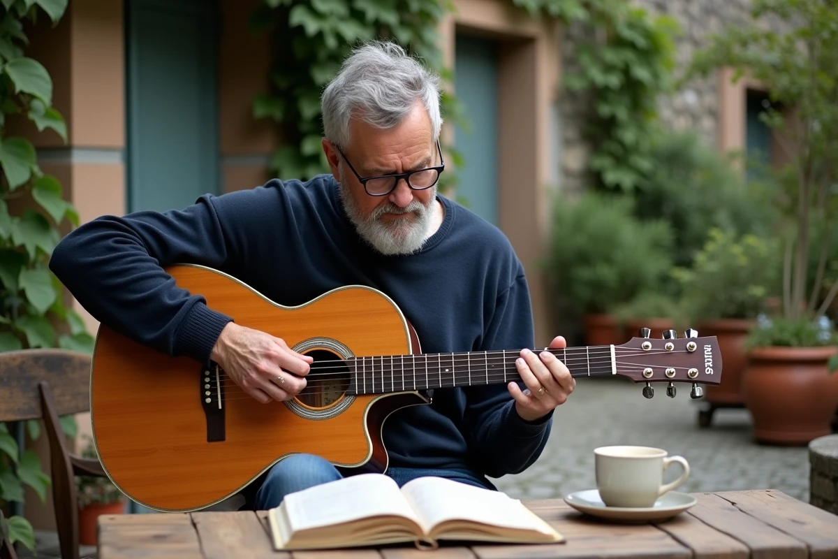 Homme expérimenté jouant de la guitare acoustique en plein air sur une terrasse en pierre, cahier de partitions Cabrel ouvert à côté de lui
