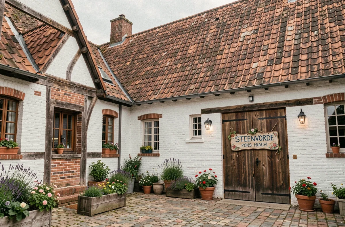 Façade rustique flamande de La Haute Roome à Steenvorde avec murs blanchis, poutres en bois et cour pavée fleurie