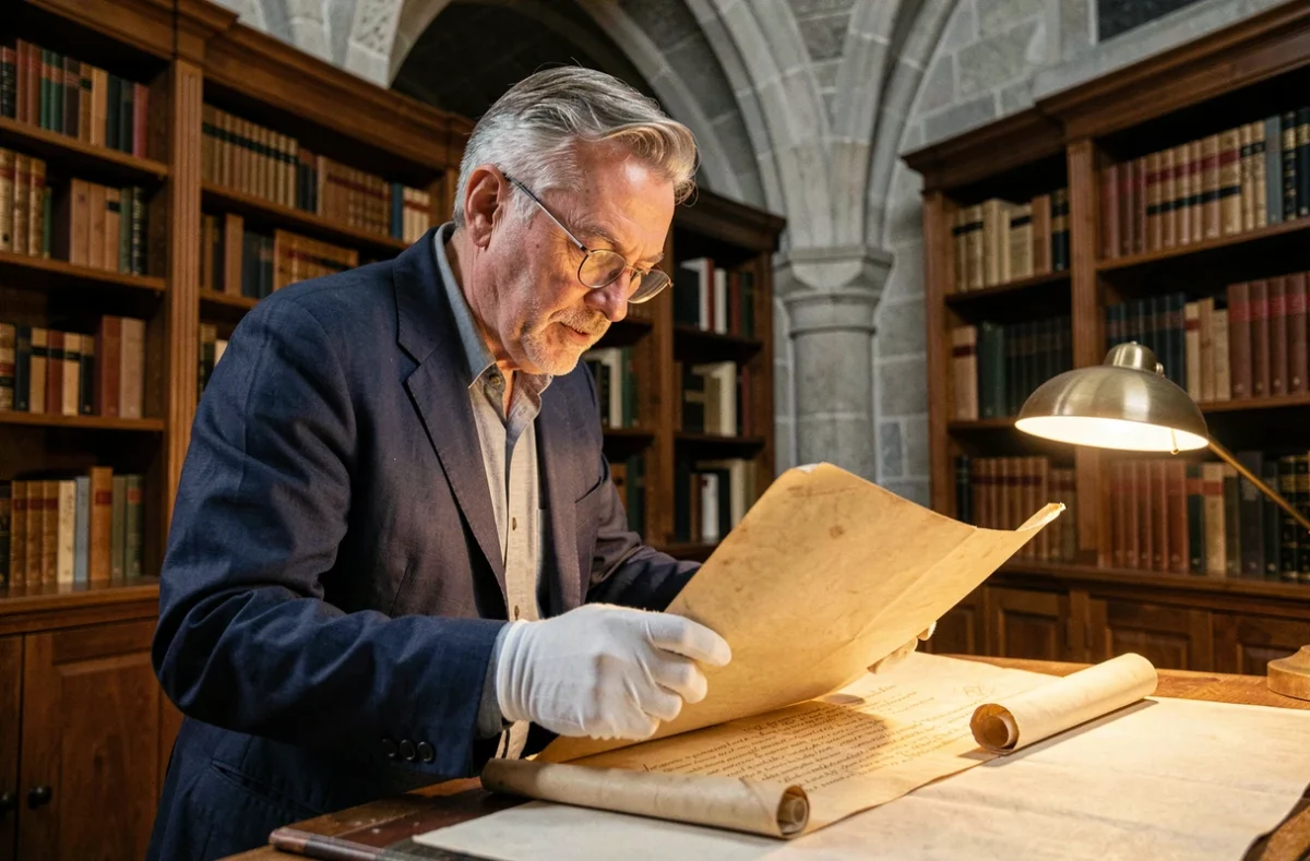 Historien examinant un document parchemin ancien dans une bibliothèque historique pour retracer la mort de d'Artagnan