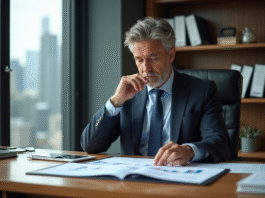 Homme d'affaires analysant des graphiques financiers dans un bureau moderne