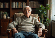 Durée de vie des vêtements : combien de temps durent-ils ? Homme âgé assis dans un salon vintage avec livres et plantes