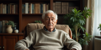 Durée de vie des vêtements : combien de temps durent-ils ? Homme âgé assis dans un salon vintage avec livres et plantes