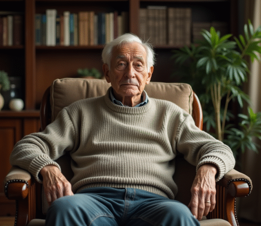 Homme âgé assis dans un salon vintage avec livres et plantes