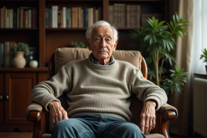 homme-age-vieux-salon Homme âgé assis dans un salon vintage avec livres et plantes