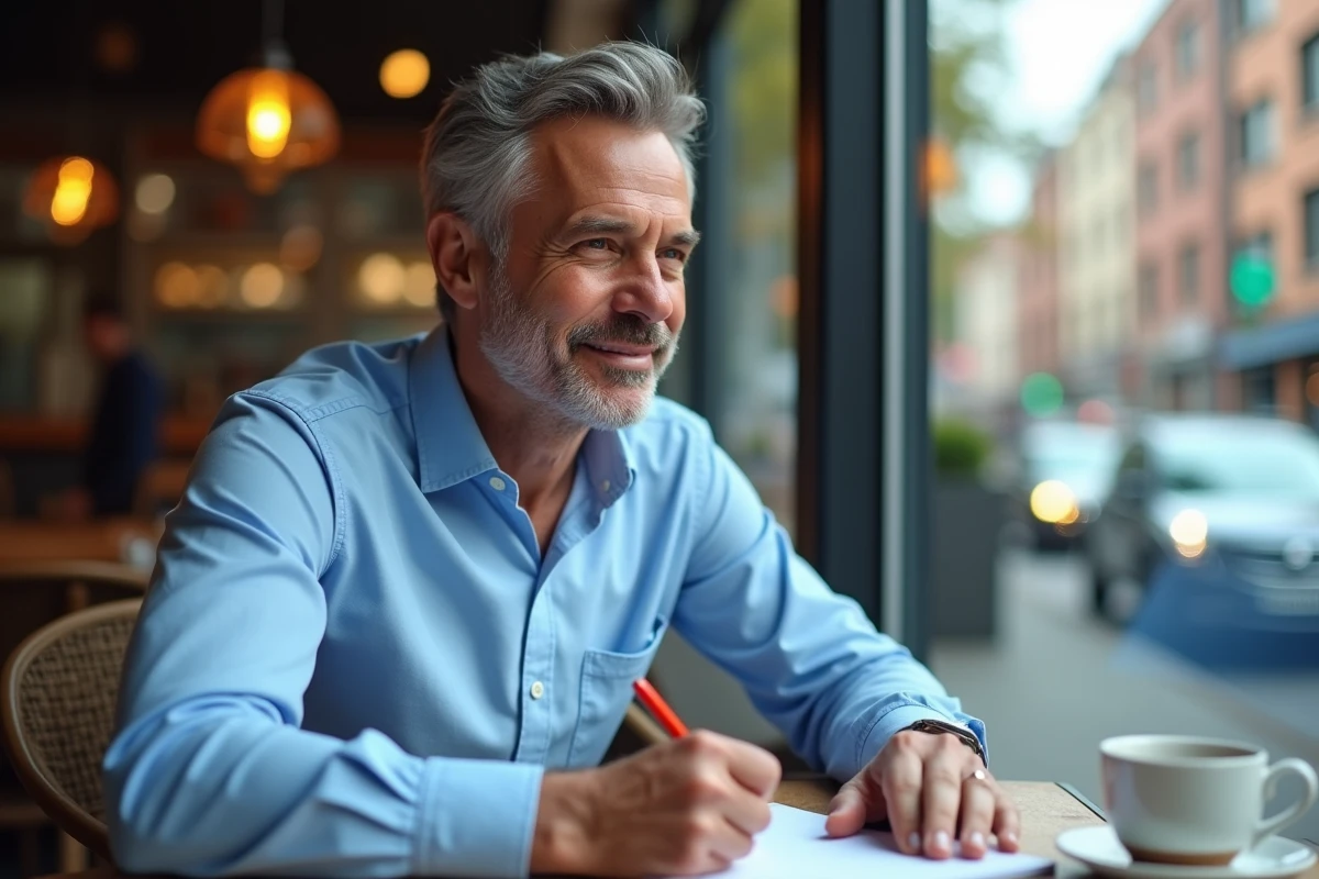 Homme lisant et corrigeant un brouillon en français au café