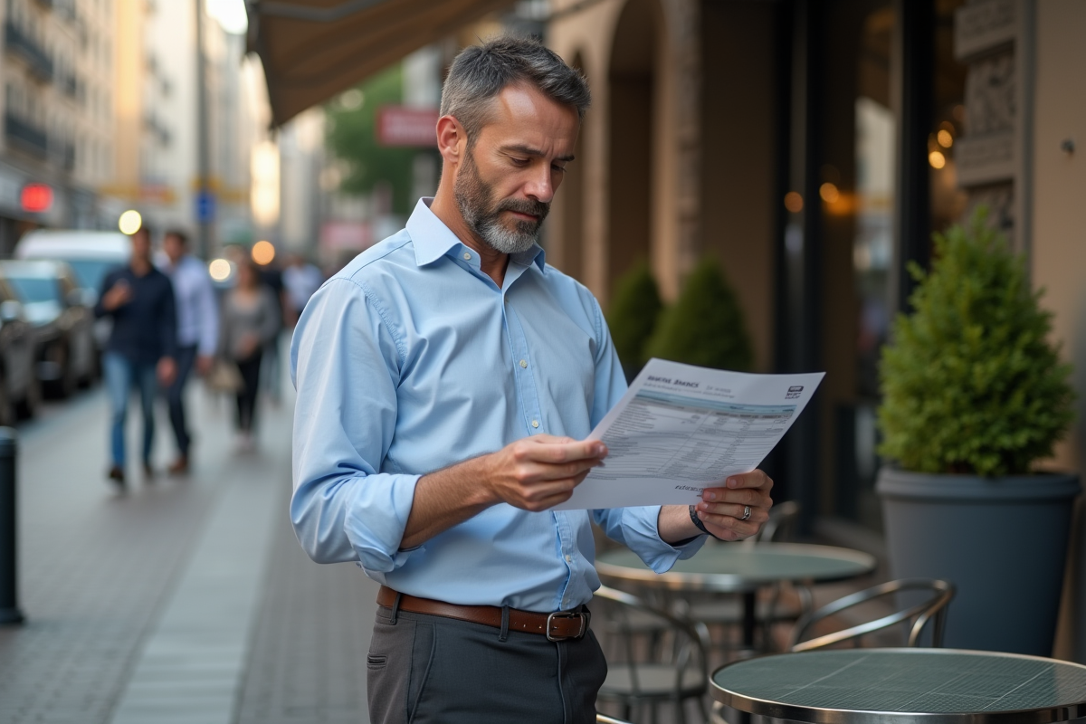 Homme lisant un relevé bancaire en extérieur