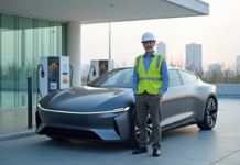 Homme en sécurité près d'une voiture à hydrogène moderne