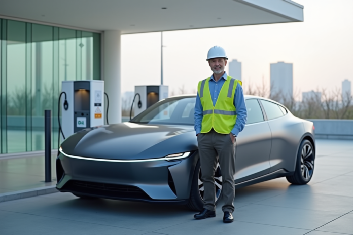 homme-car-hydrogene-station Homme en sécurité près d'une voiture à hydrogène moderne