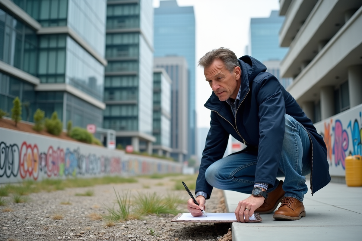 Homme en windbreaker marque des limites sur un site urbain